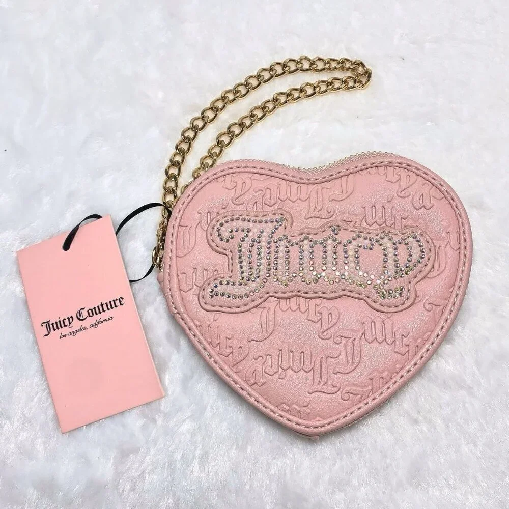 Juicy Couture Pink Diamonds & Pearls Heart Shape Logo Gold Chain Wristlet Bag